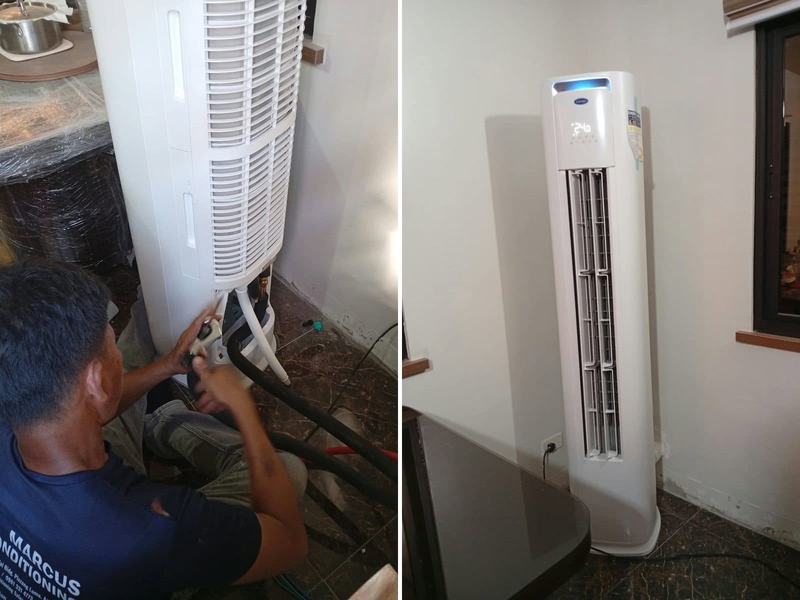 A Marcus technician connecting a floor-standing aircon unit, and the finished installation in a customer's room